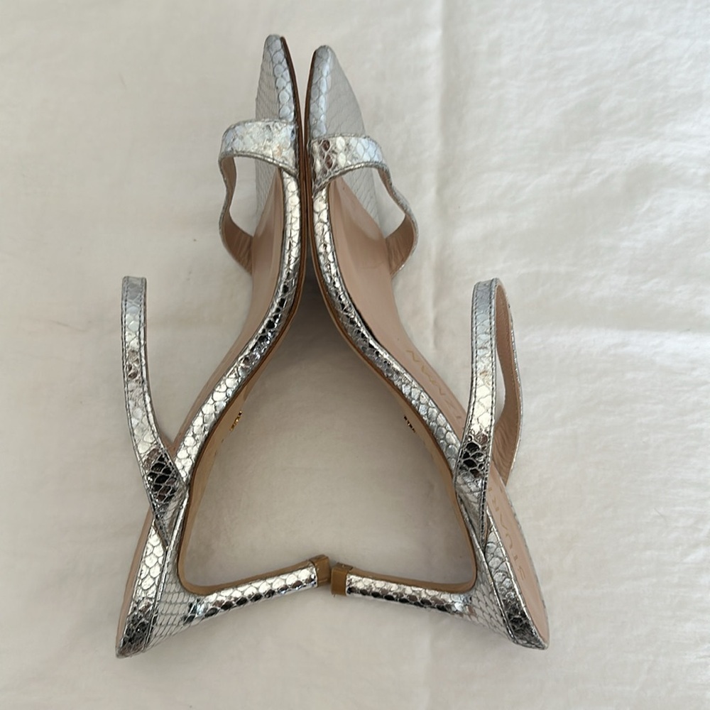 Stuart Weitzman Aleena Sandals in Silver Mini Snake Print 2.5” Heel Pumps Size 5 - Picture 7 of 16